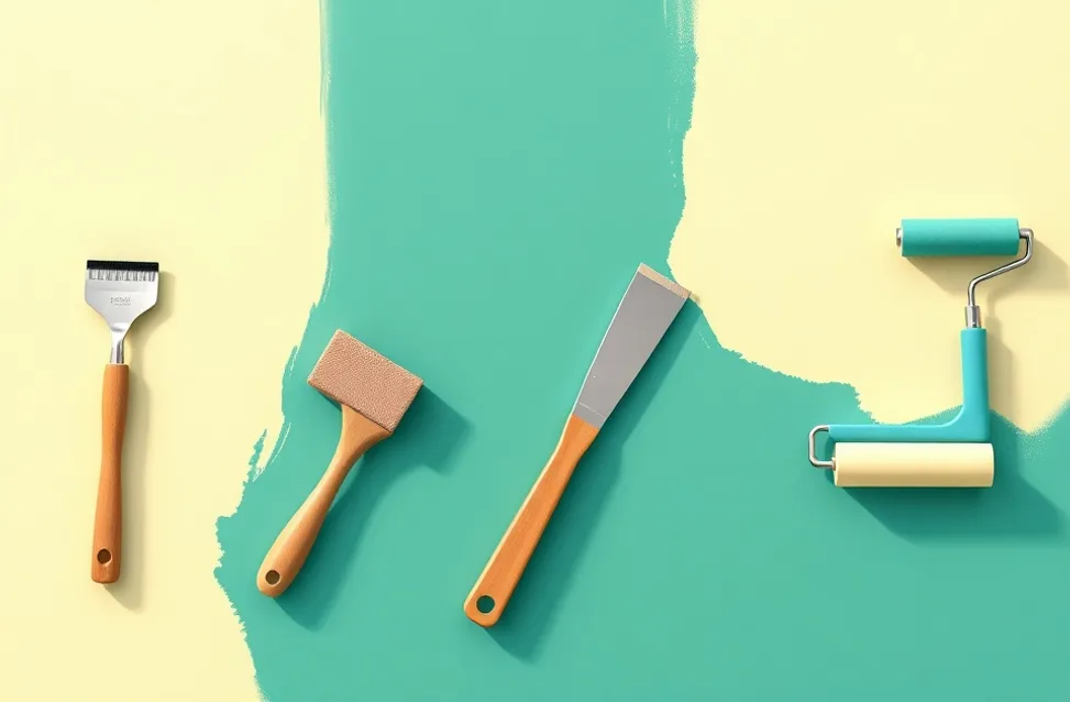 Outils de peinture disposés dans l'ordre des étapes du chantier