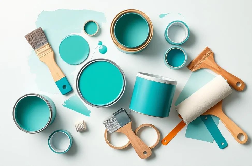 Pots de peinture, nuancier, brosses et rouleaux disposés à plat