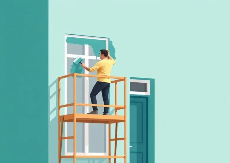 Peintre sur échafaudage traitant la façade d'une maison