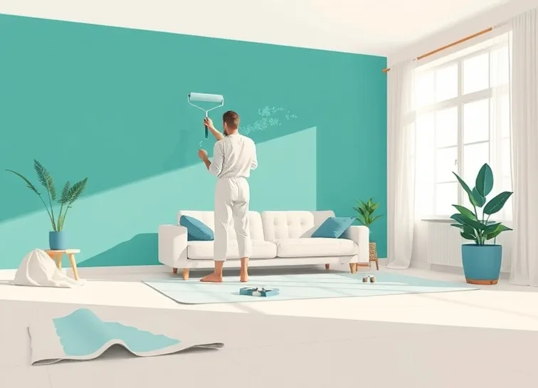 Peintre appliquant la peinture au rouleau sur un mur de salon